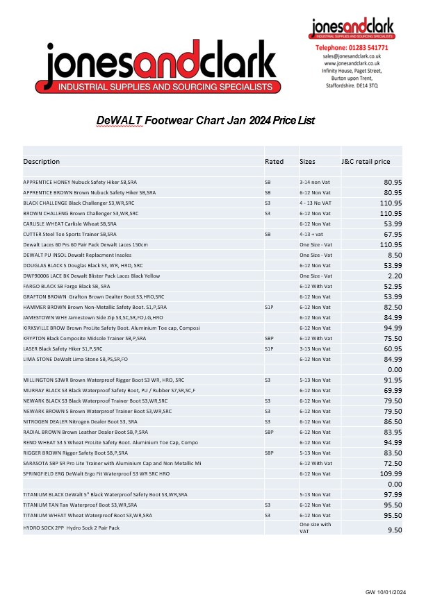 DeWALT Footwear Wall Chart Jan 2024 Price List