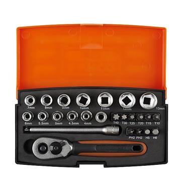Bahco SL25 1/4 Inch Drive Socket Set, 25-Piece Metric Set With Ratchet & Case